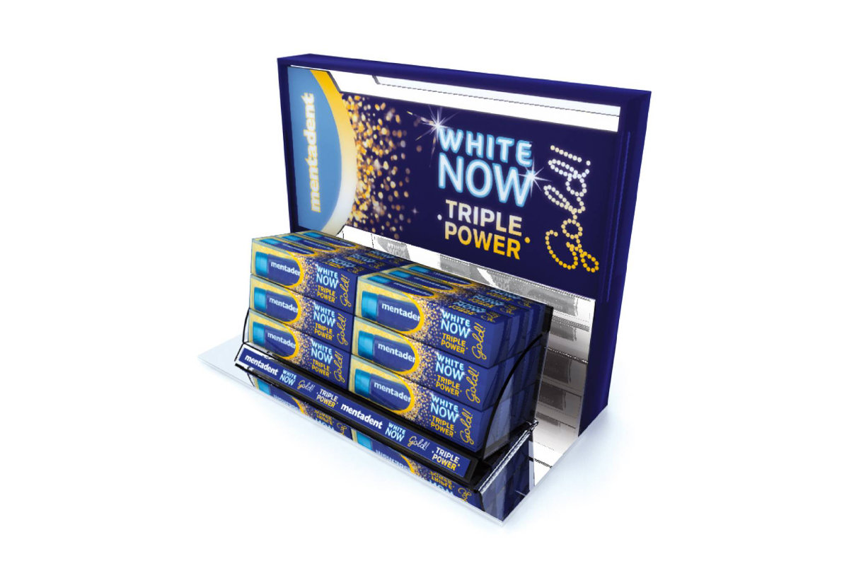 design espositore mentadent white now gold